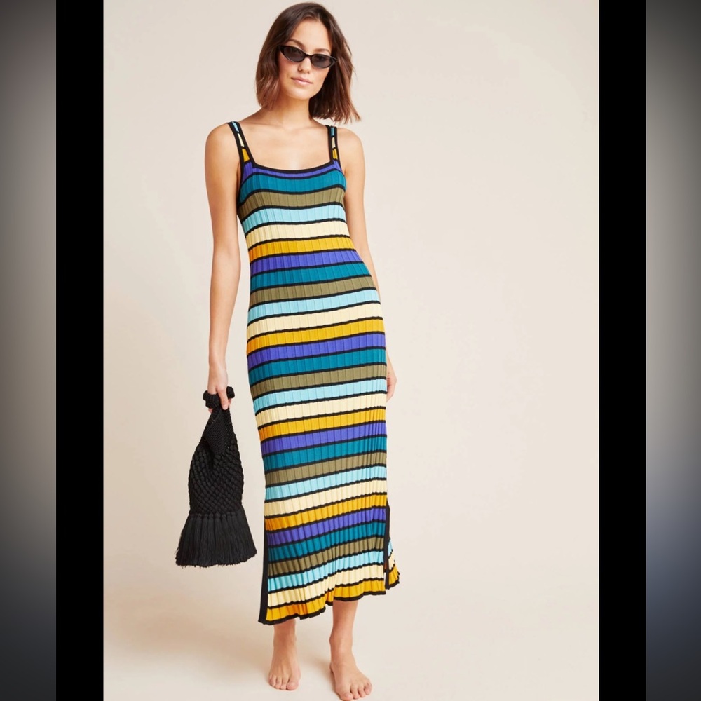 SOLID & STRIPED The Kimberly Stripe Dress Yellow Bllue Stripes Midi Small EUC